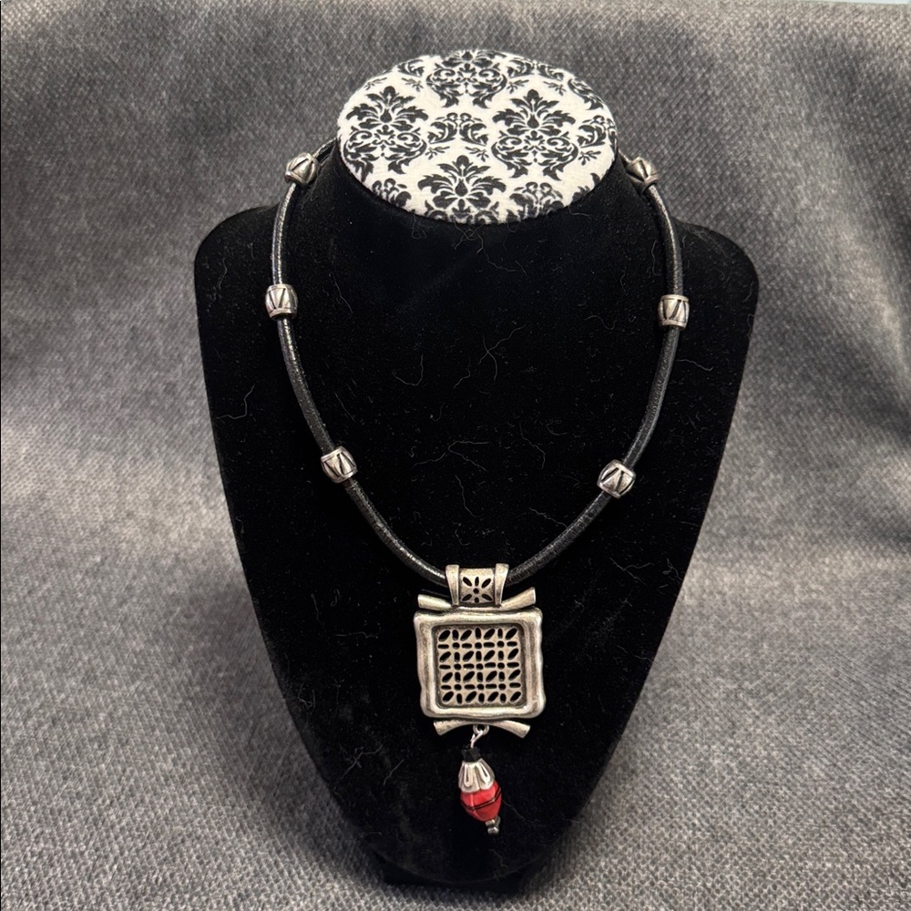 Chico’s Black and Red With Silver Toned Square Pendant Necklace